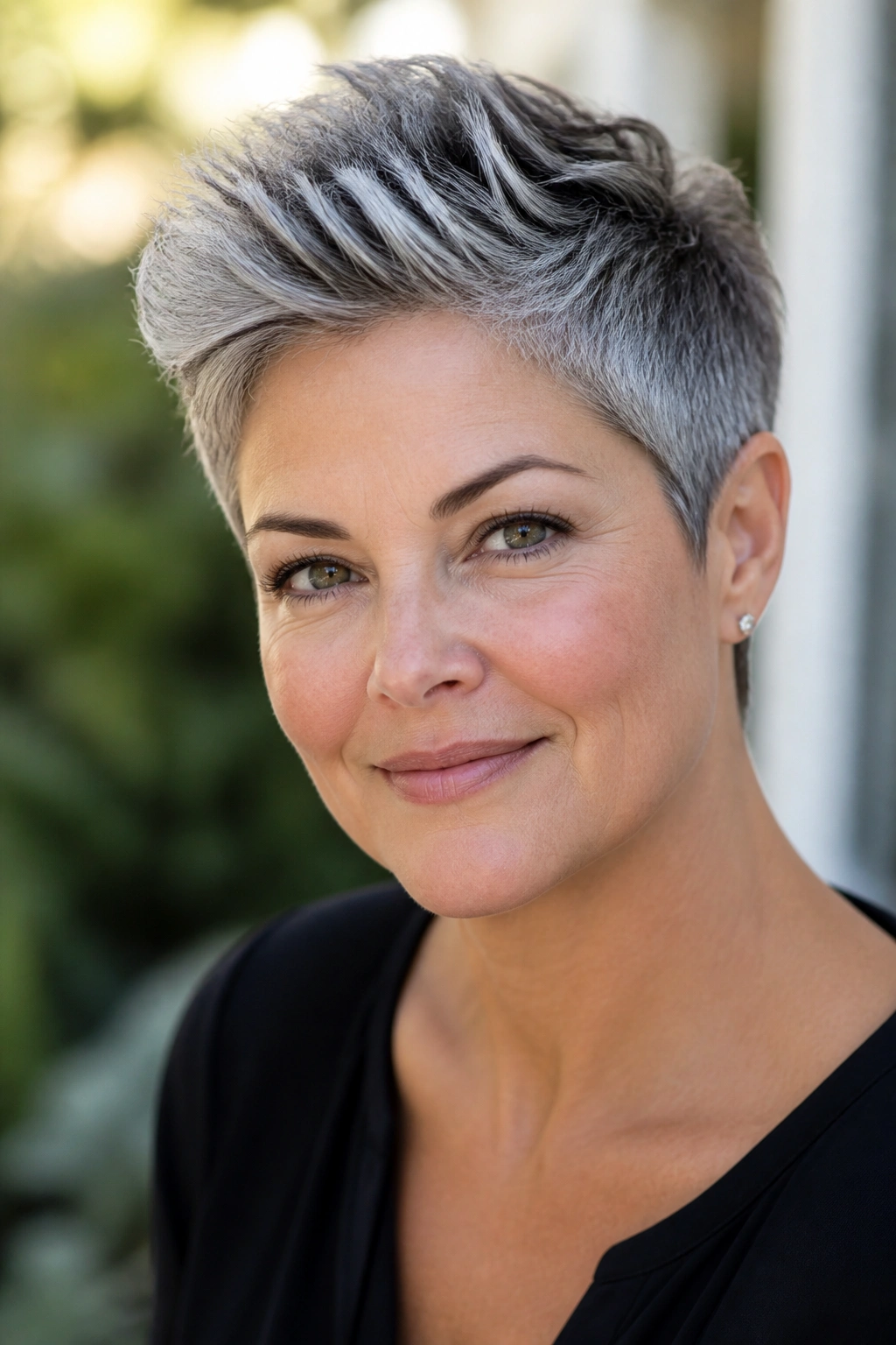 Close-up portrait of a person with a salt-and-pepper pixie cut