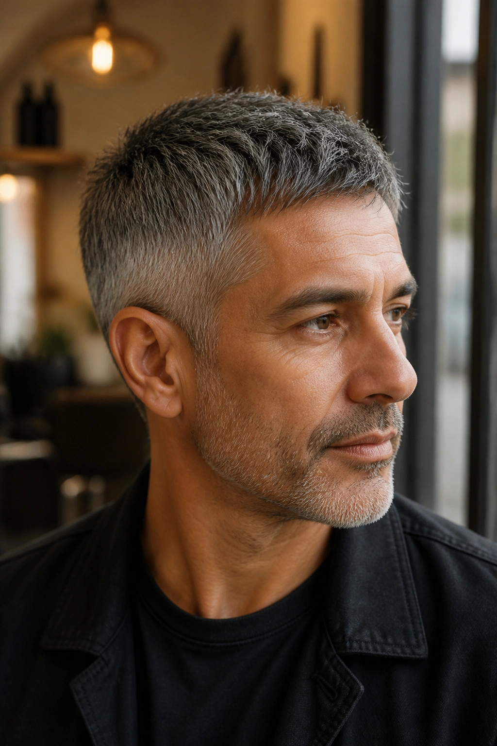 Salt-and-Pepper pixie close-up portrait highlighting textured ends and clean temple edge on a real man