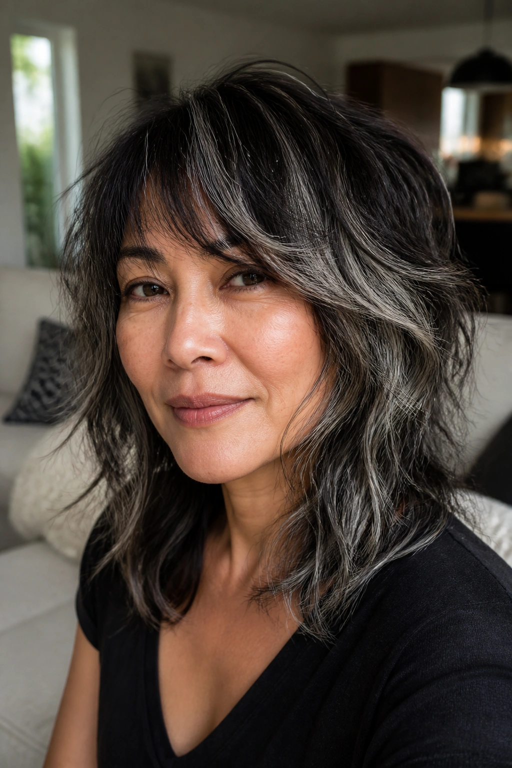 Close-up of a real woman with salt-and-pepper ribbons in a shag cut for texture