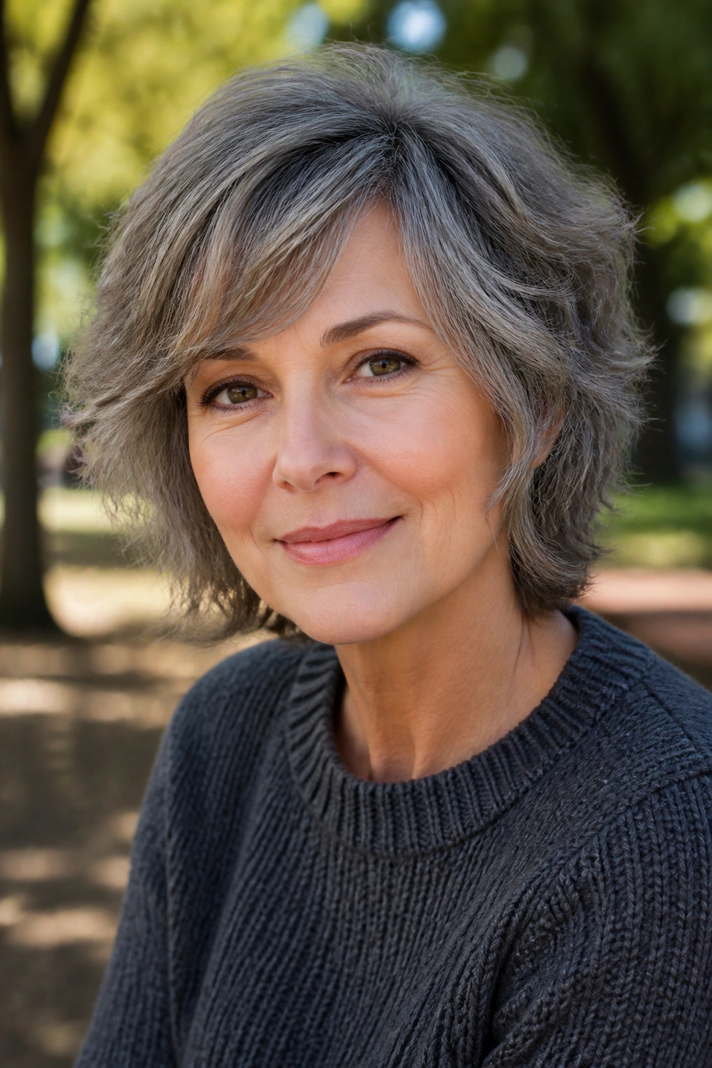 Portrait of a real person with salt-and-pepper shag showing natural movement and soft layers.