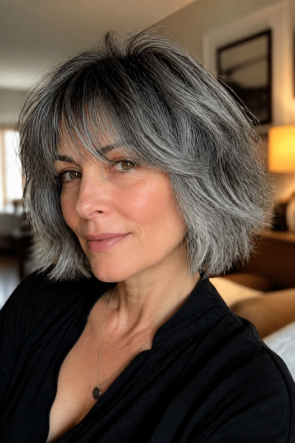 Close-up of salt-and-pepper shag with root shadow on gray hair