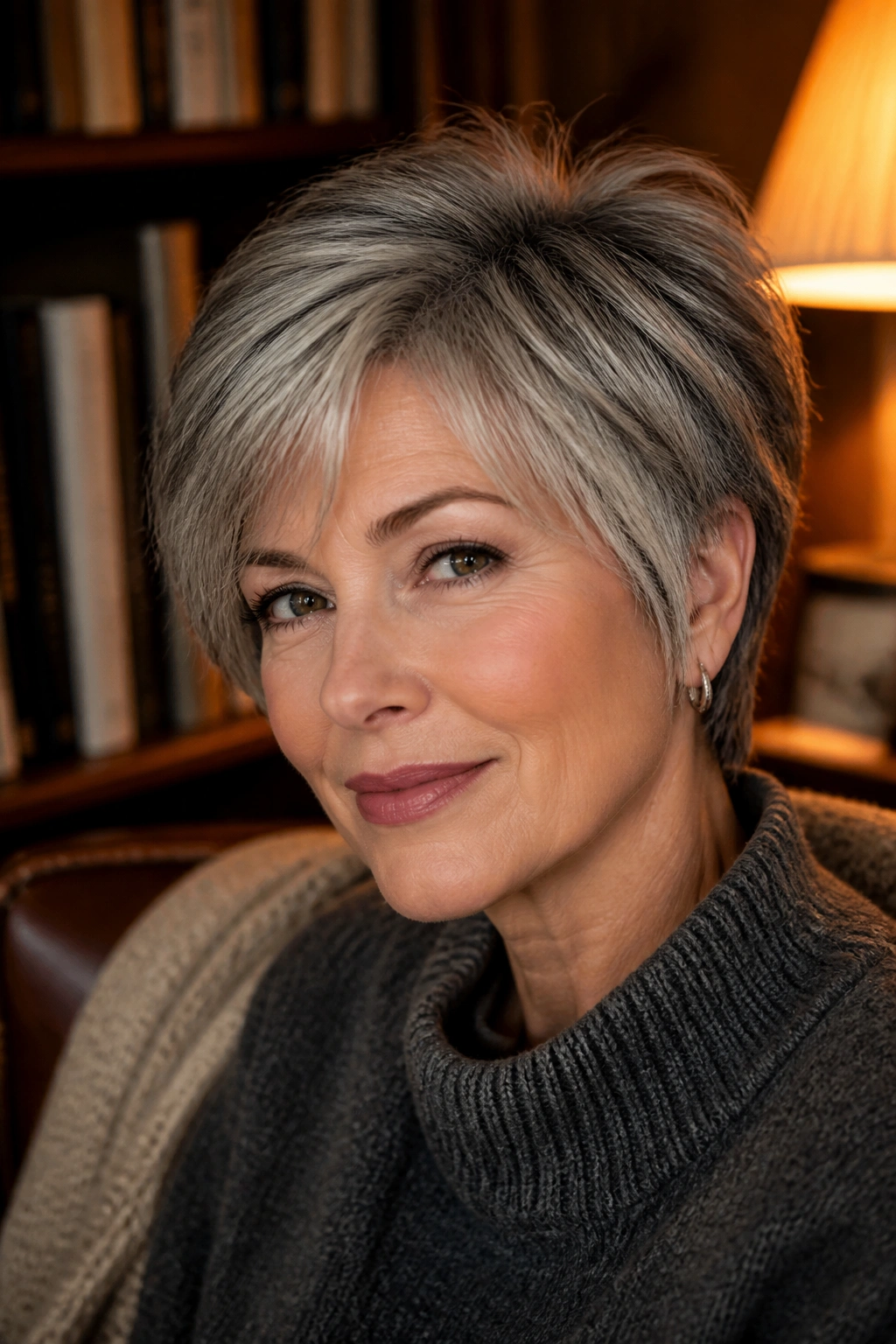 Close-up of real person with salt-and-pepper silver blend and root shadow hairstyle