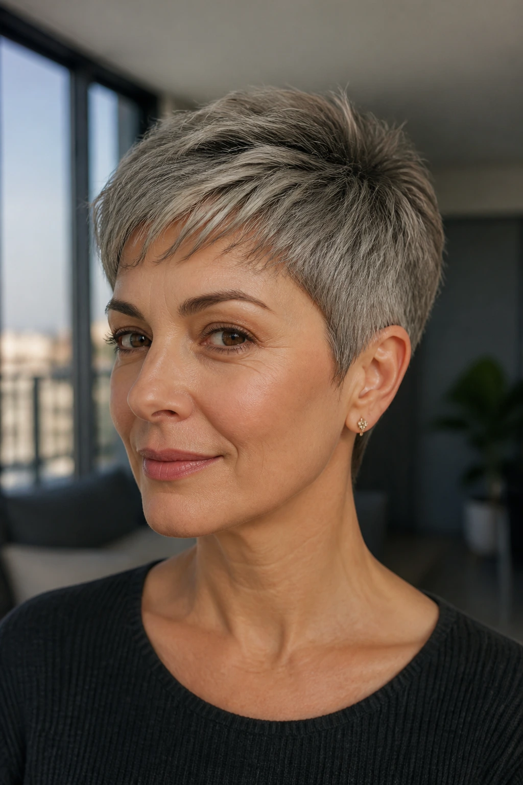 Close-up of a real woman with a salt-and-pepper tapered pixie
