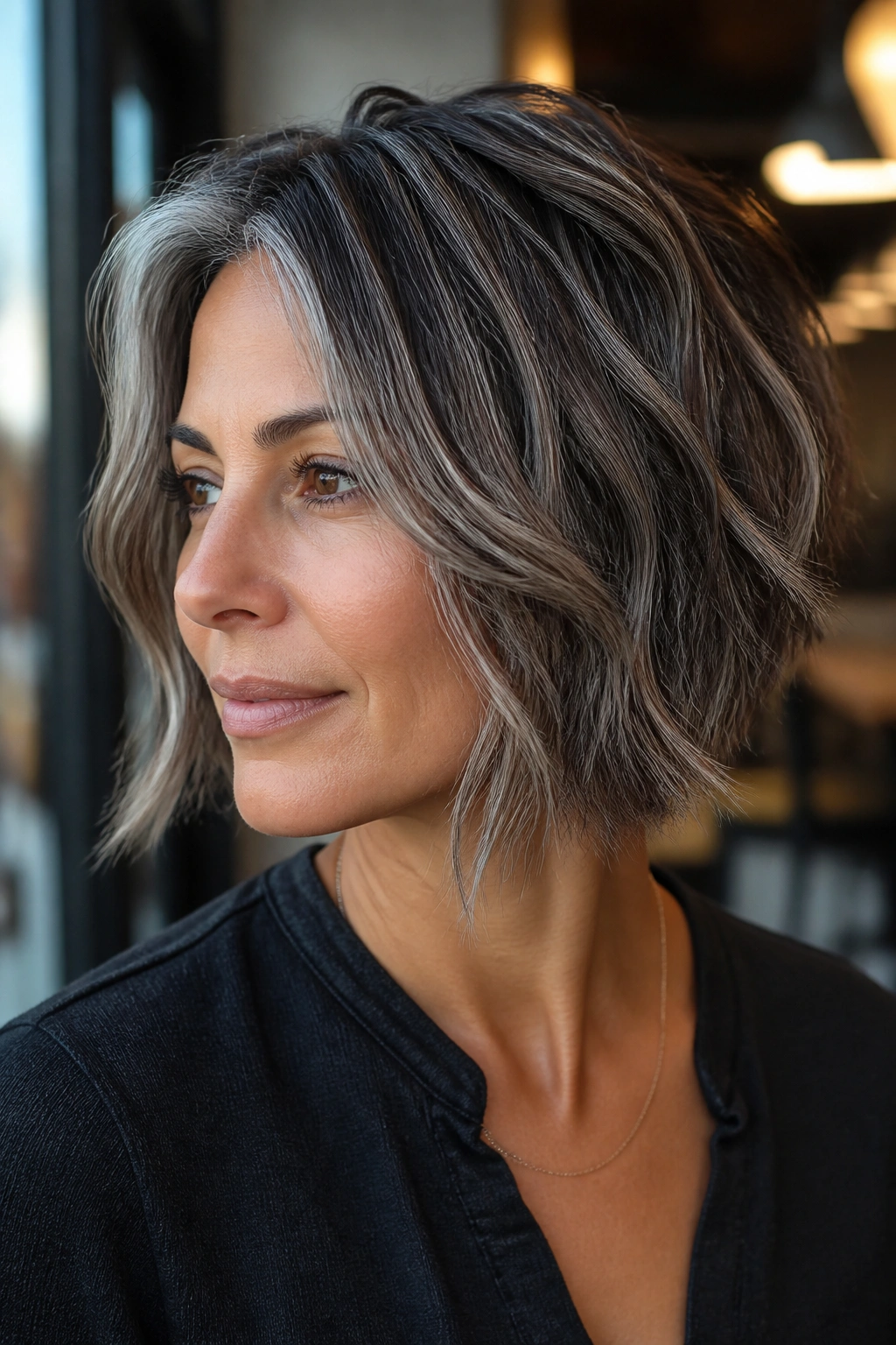 Short textured bob with irregular salt-and-pepper balayage on a real person