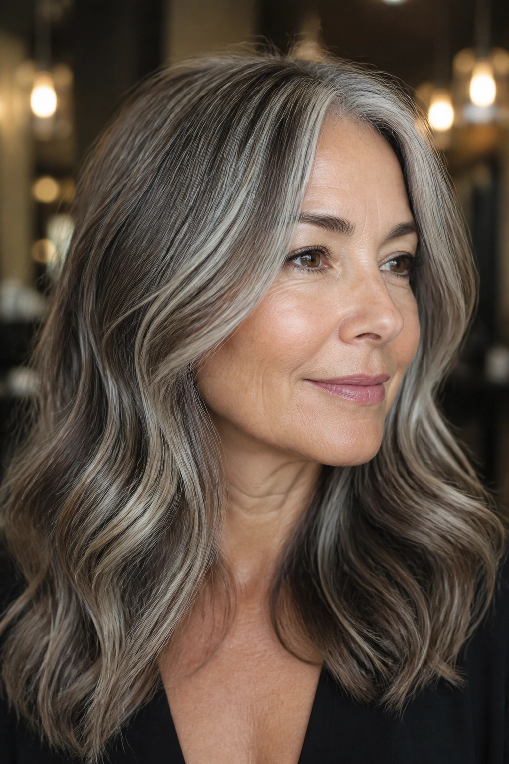 Portrait of a woman with salt-and-pepper balayage showing soft ribbons through mid-lengths.