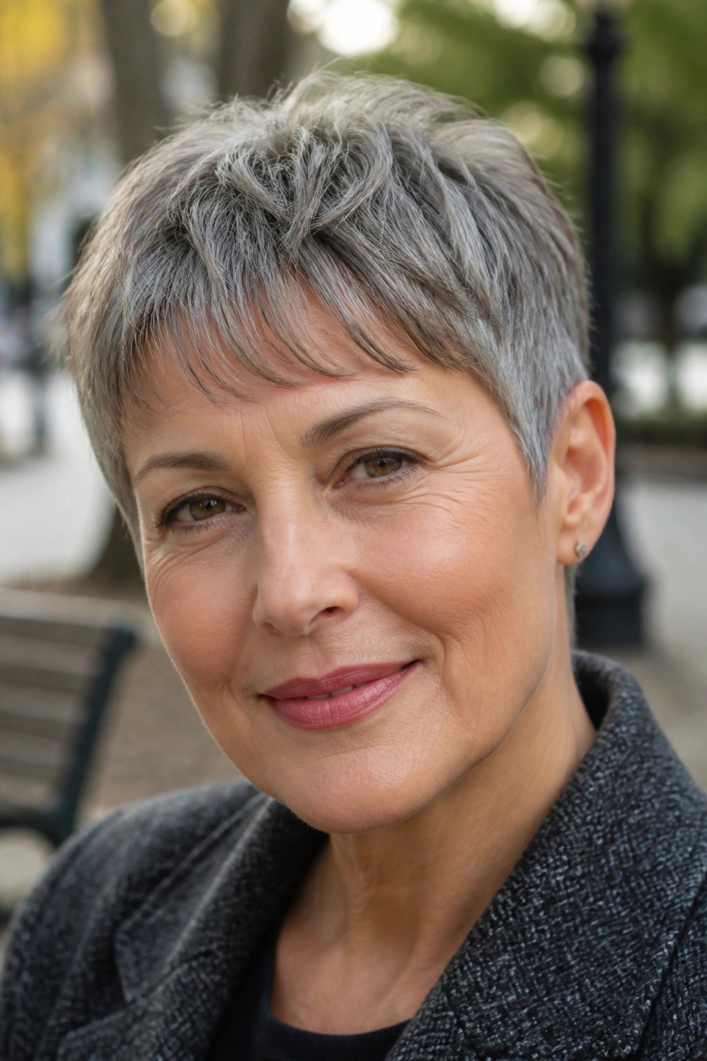 Close-up of a person with a salt-and-pepper crop and soft bang arc.