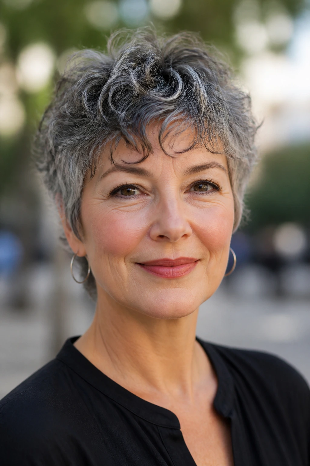 Close-up of a real woman with salt-and-pepper curly pixie and wispy fringe in an outdoor setting