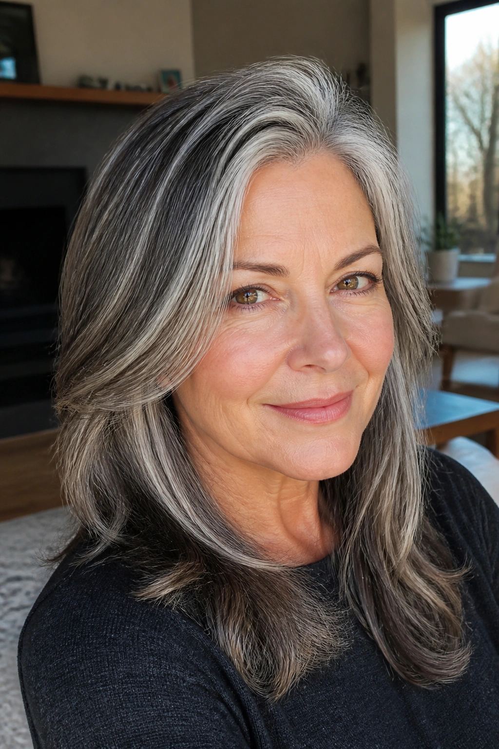 Close-up of a real person with salt-and-pepper hair and dimensional highlights