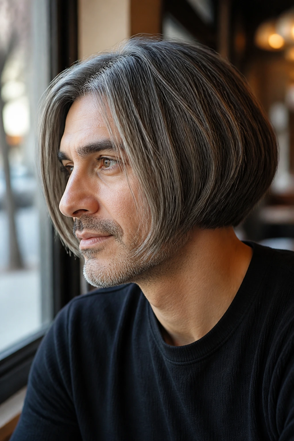 Close-up portrait of a man with Salt-and-Pepper Inverted Bob showing gray and dark hair.