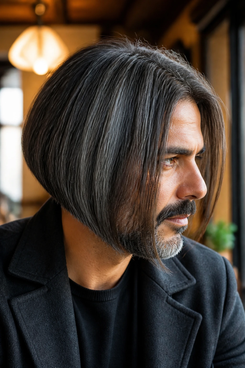 Close-up of a man with salt and pepper inverted bob in cafe lighting