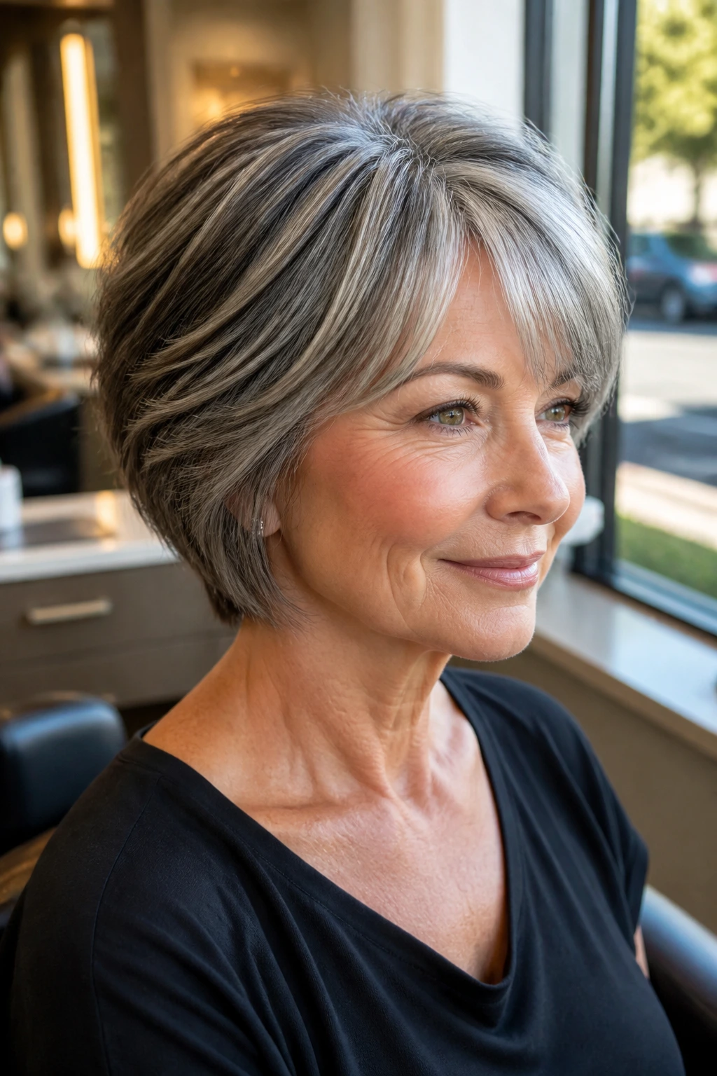 Close-up of an older woman with salt-and-pepper hair and depth-enhancing lowlights