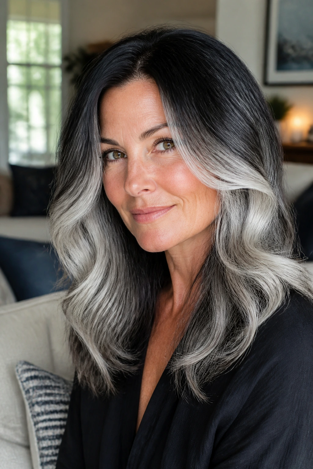 Close-up of a real person with a gradual black-to-gray-to-white hair melt.