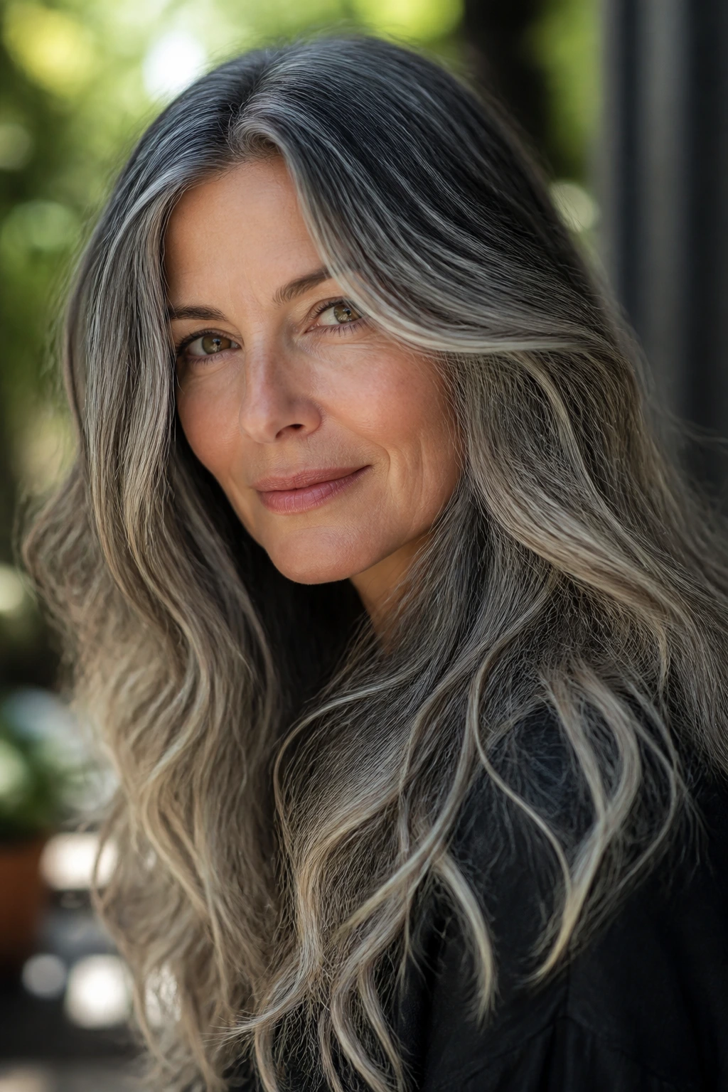 Real-person portrait showing natural salt-and-pepper roots fading to light ends.