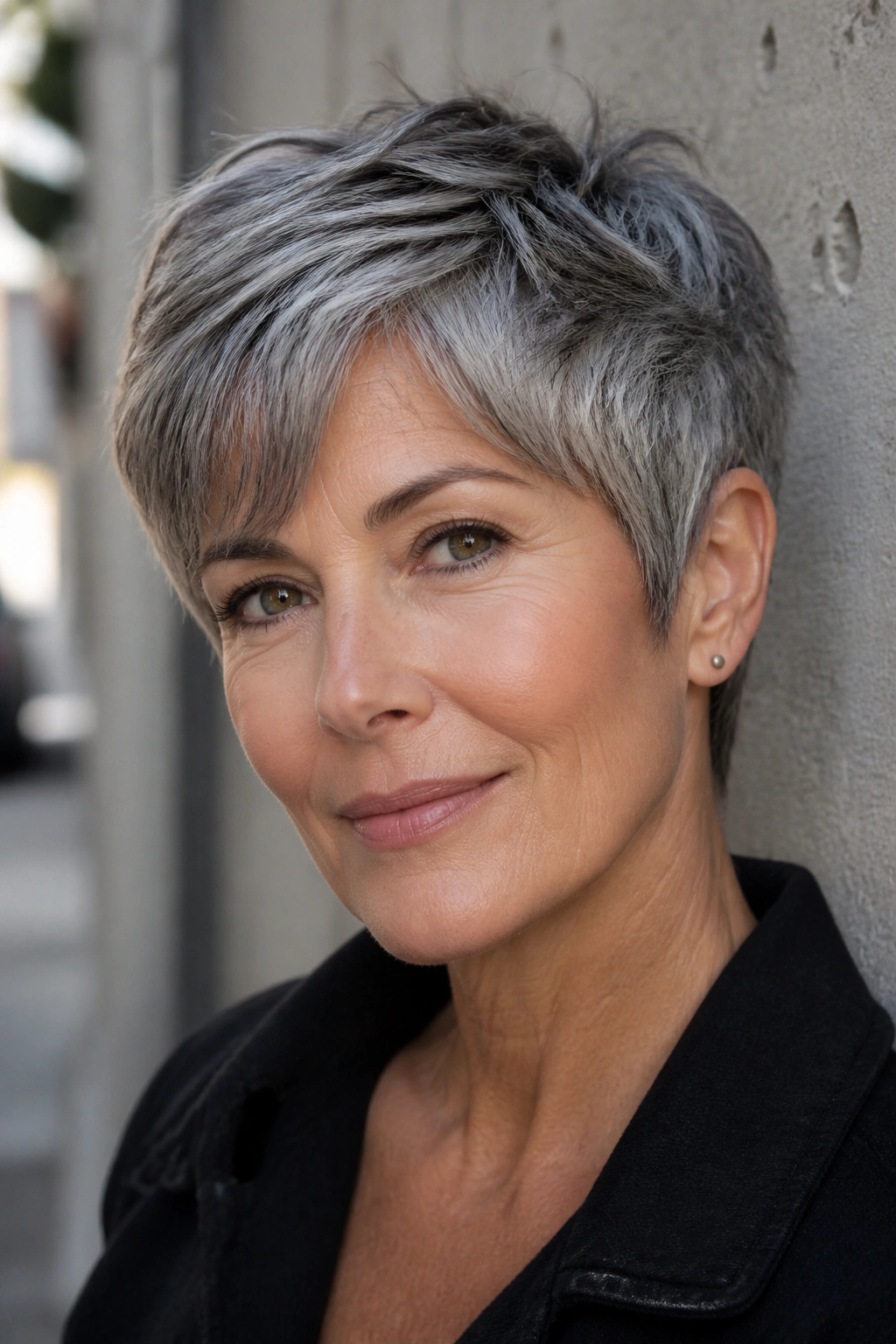 Close-up of a real person with salt-and-pepper feathered pixie hairstyle