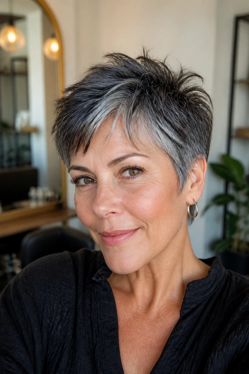 Close-up of a salt-and-pepper pixie showing gray around the face.
