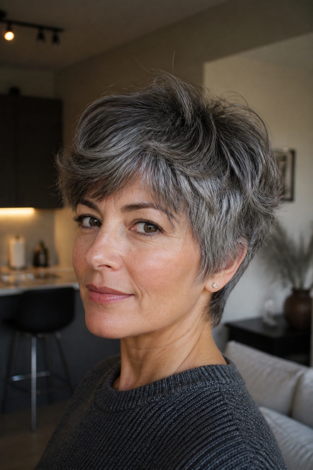 Close-up of a real woman with salt-and-pepper shaggy pixie in a modern home.