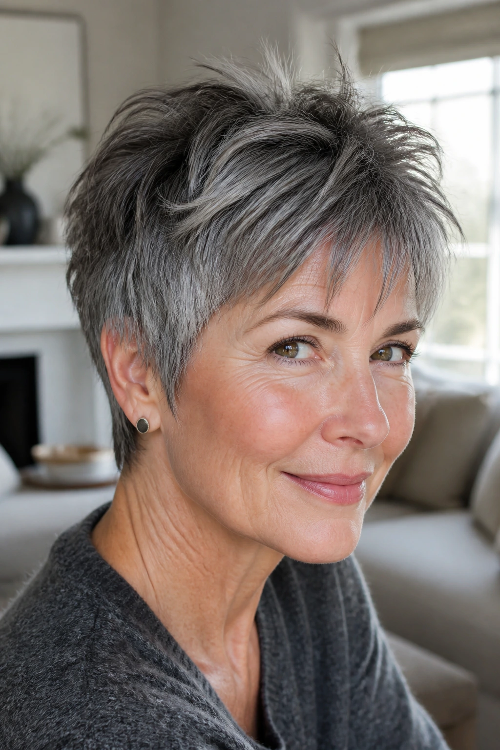 Close-up of real person with salt-and-pepper shag pixie and lifted crown