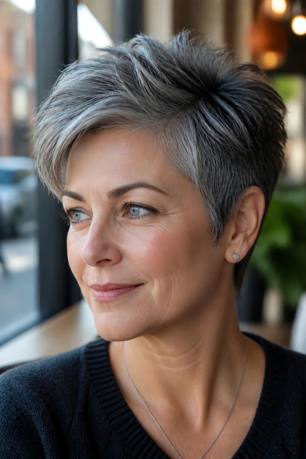 Close-up of a real person with salt-and-pepper textured pixie in a sunlit cafe setting