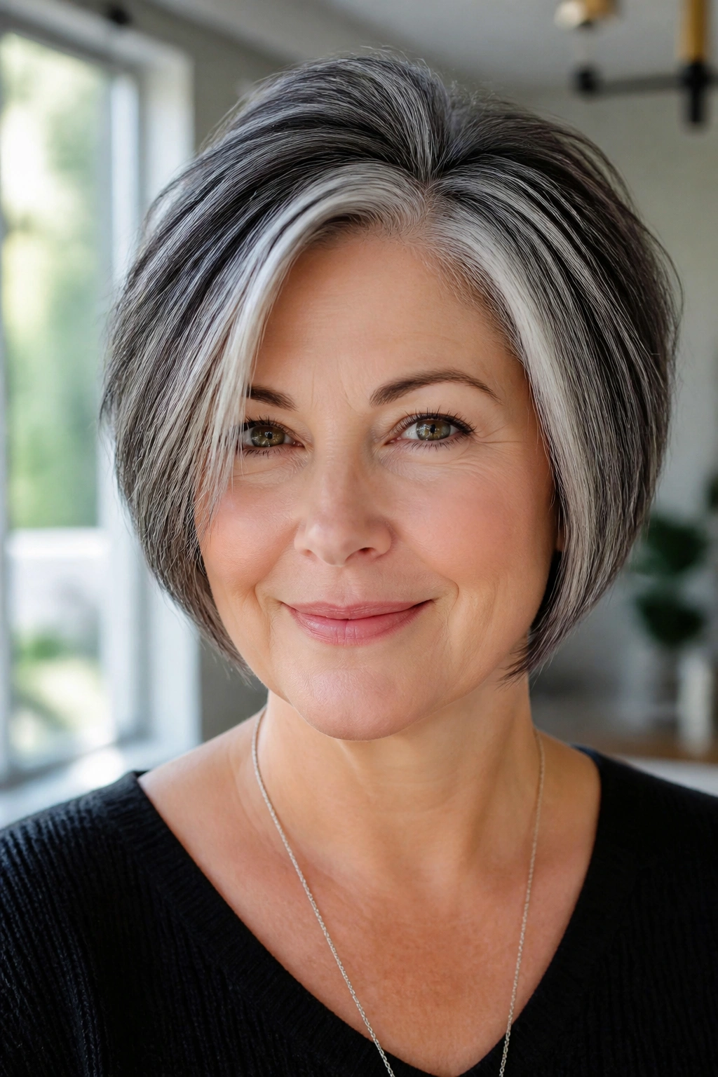 Portrait of real person with salt-and-pepper stacked bob and root volume