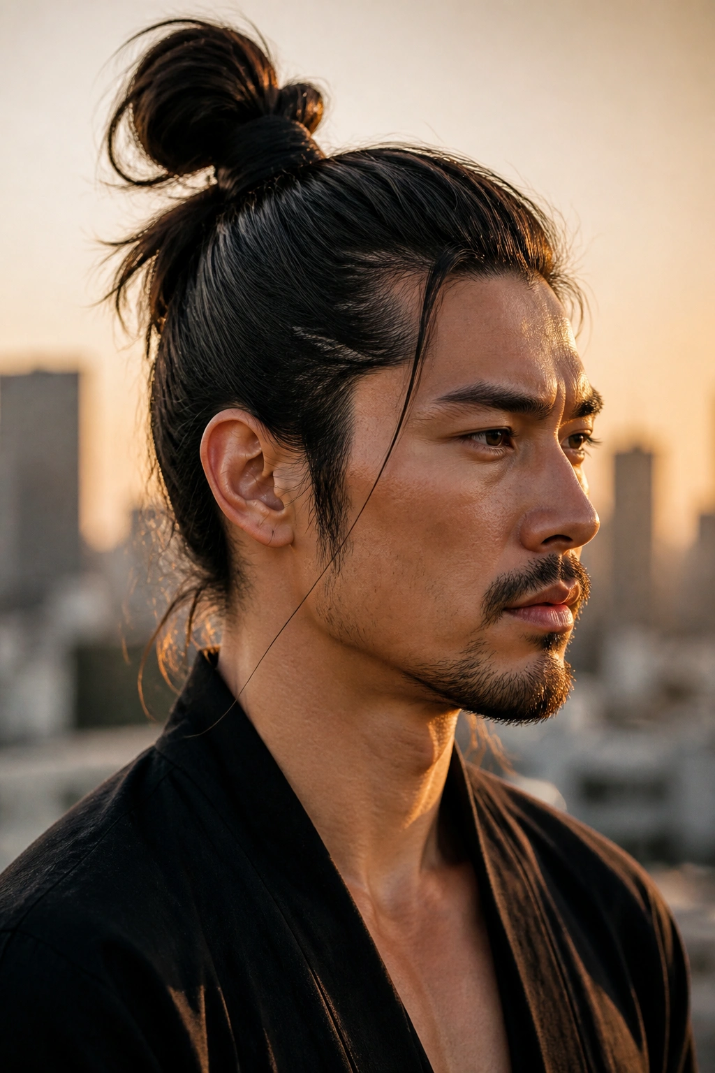 Close-up portrait of a man with a high samurai bun in golden hour light