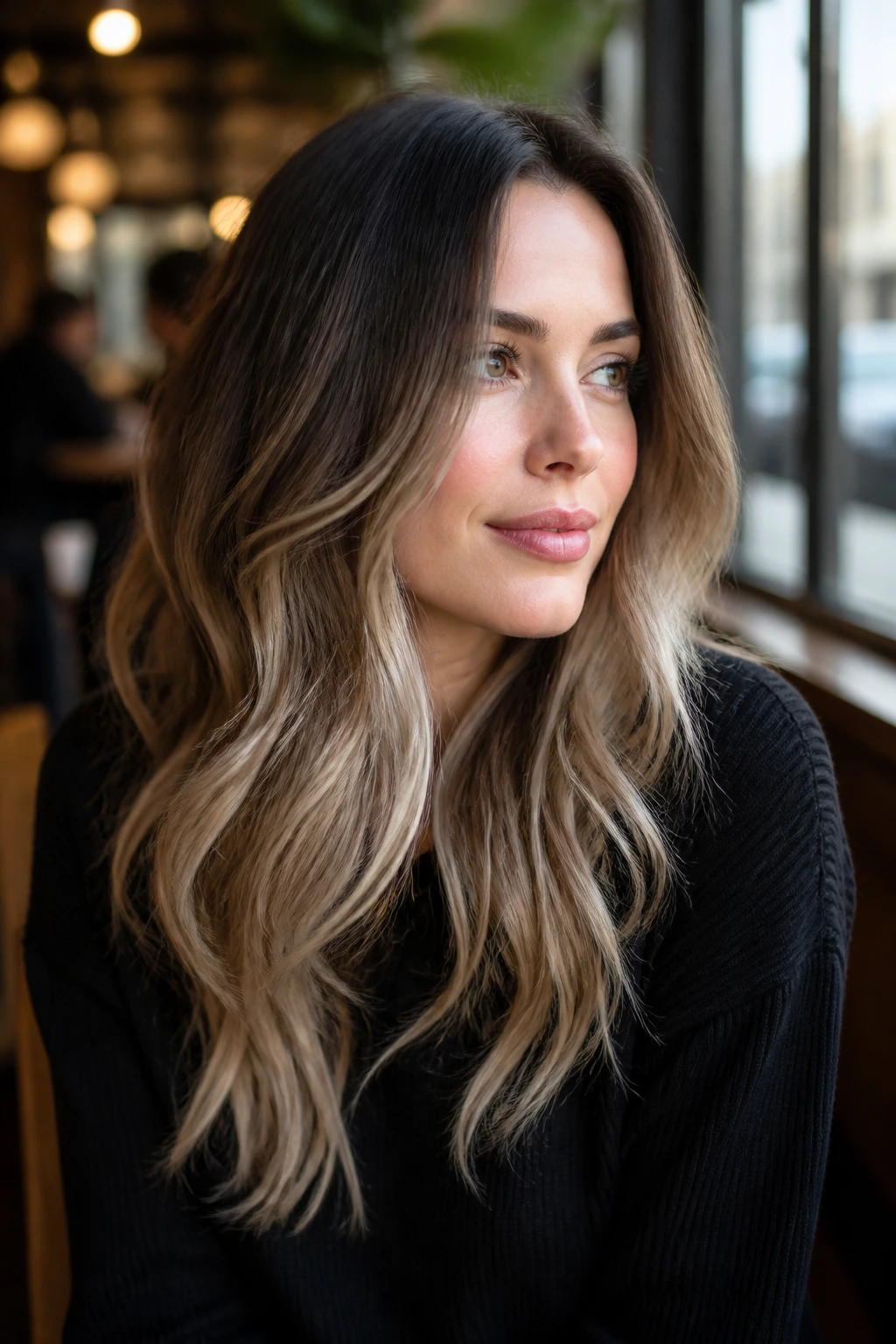 Portrait of a woman with sand beige ombre on dark brown hair