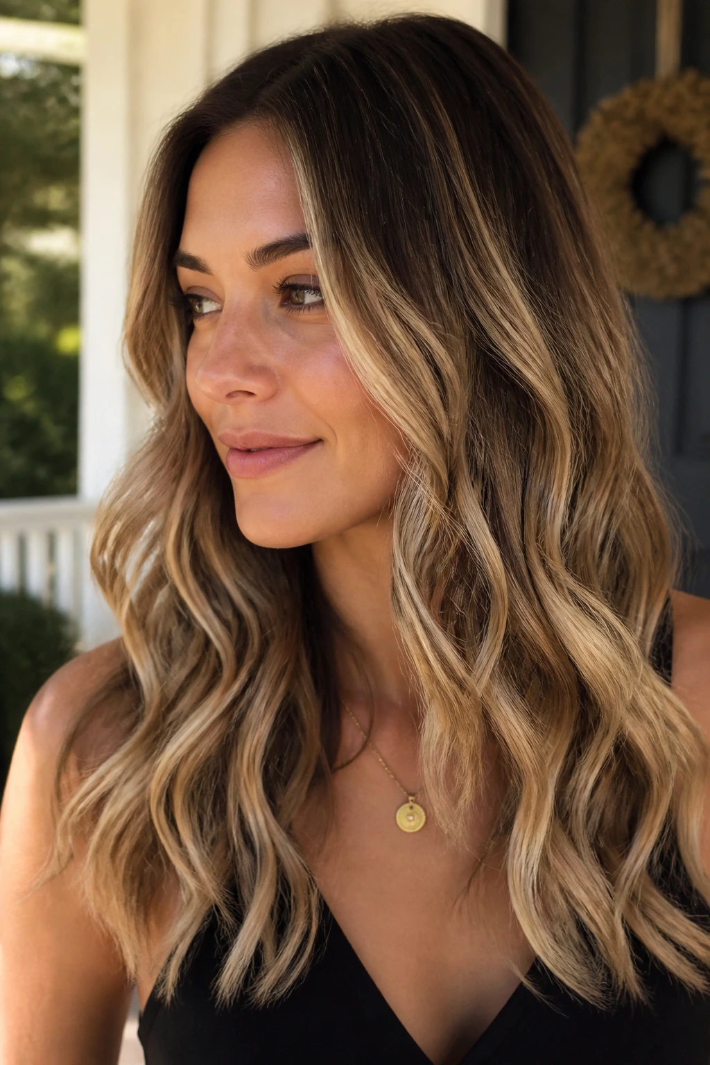 Real woman with sand blonde balayage on layered waves in outdoor porch light