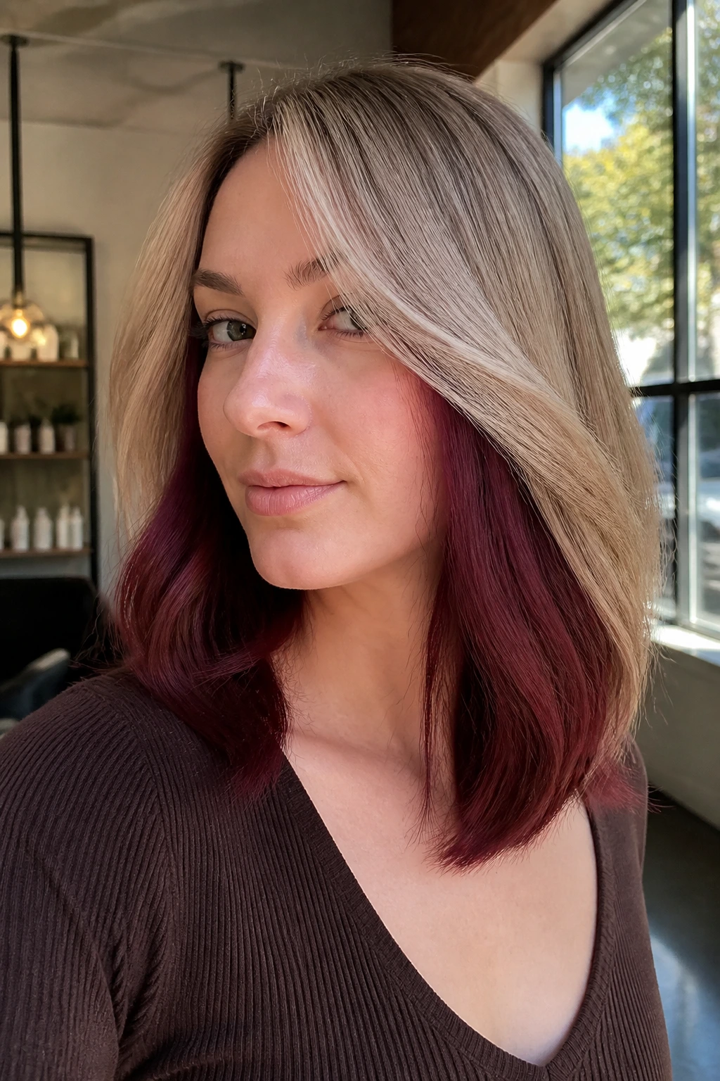 Close-up portrait of a real woman with cool sand blonde and burgundy panels