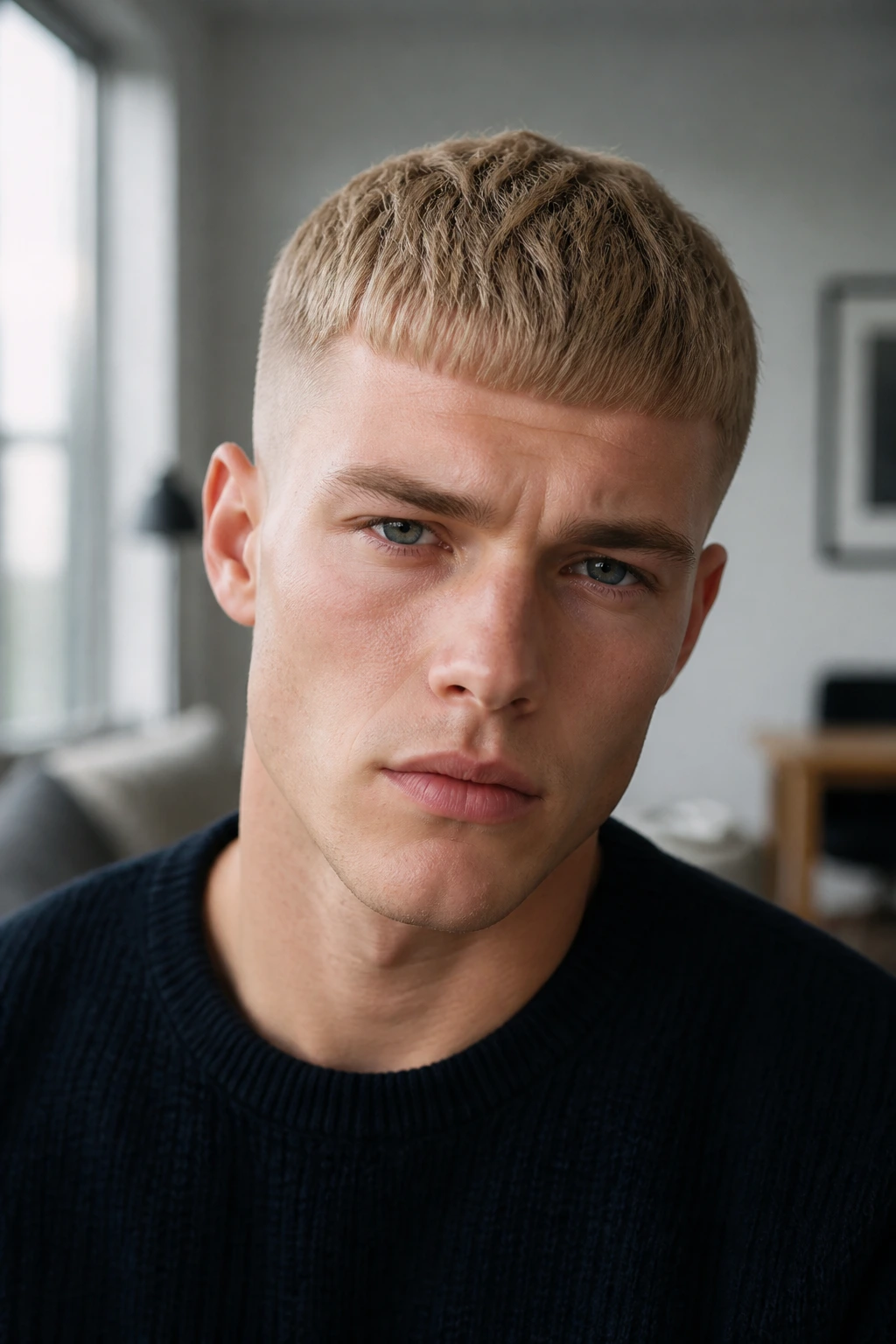 Close-up of a man with sand blonde Caesar cut and sharp fringe.