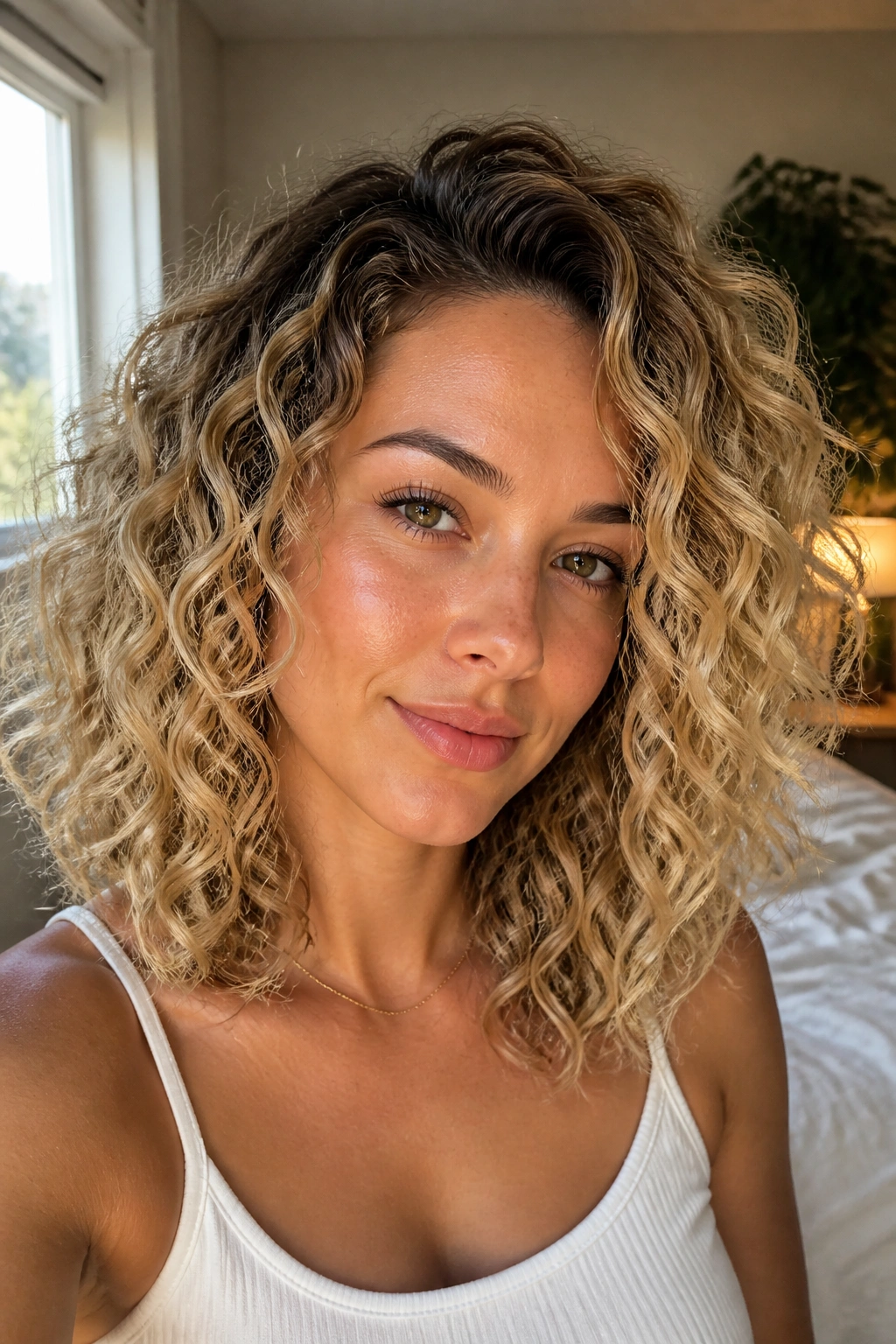 Close-up of a real woman with sand blonde curls and a soft root shadow