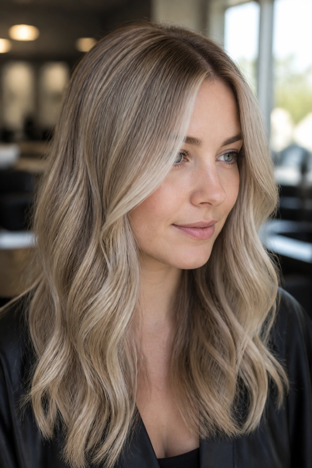 Close-up portrait of a real woman with rooted sand blonde hair and micro-babylights in cool tones under natural window light