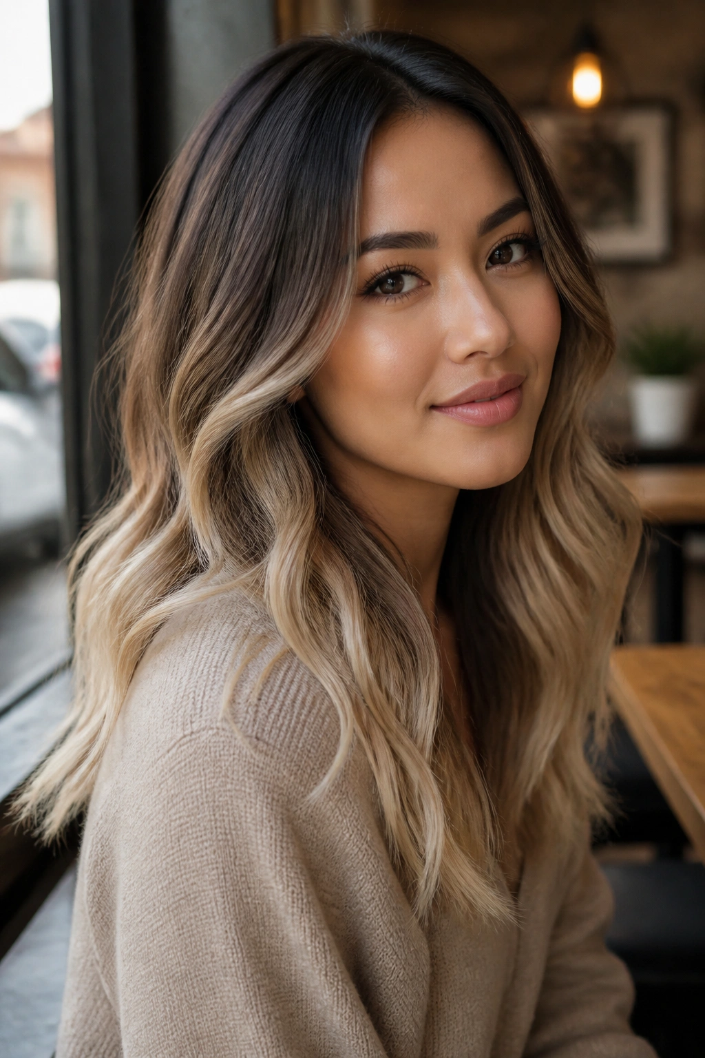 Portrait of a real person with sand blonde ombré hair from dark roots to light ends.