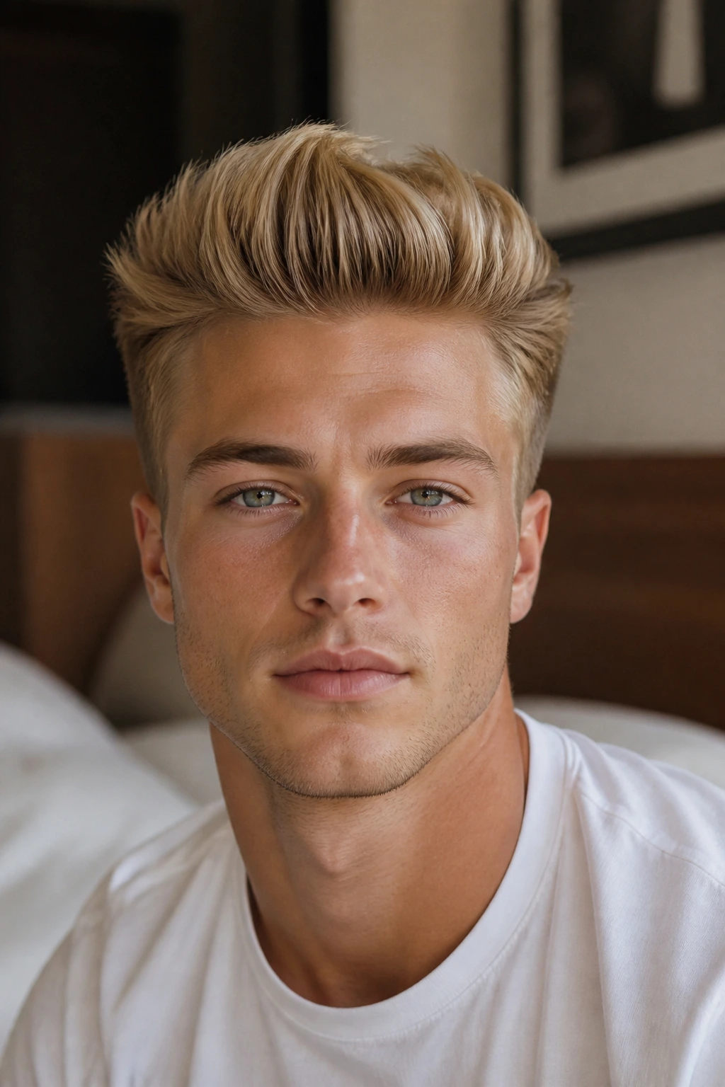 Close-up portrait of a man with a sand blonde quiff under warm window light