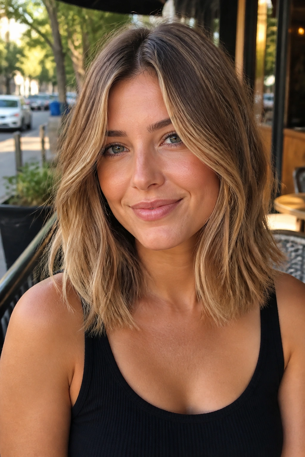 Close-up of a real woman with sand-bronde balayage and collarbone-length layers.