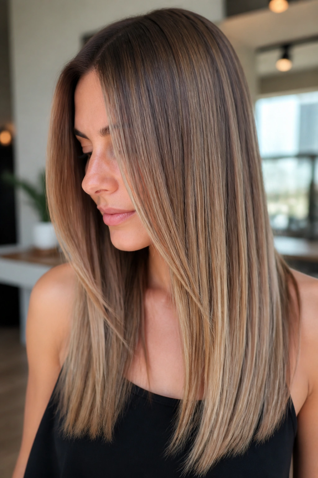 Close-up portrait of straight hair with sandalwood bronde highlights