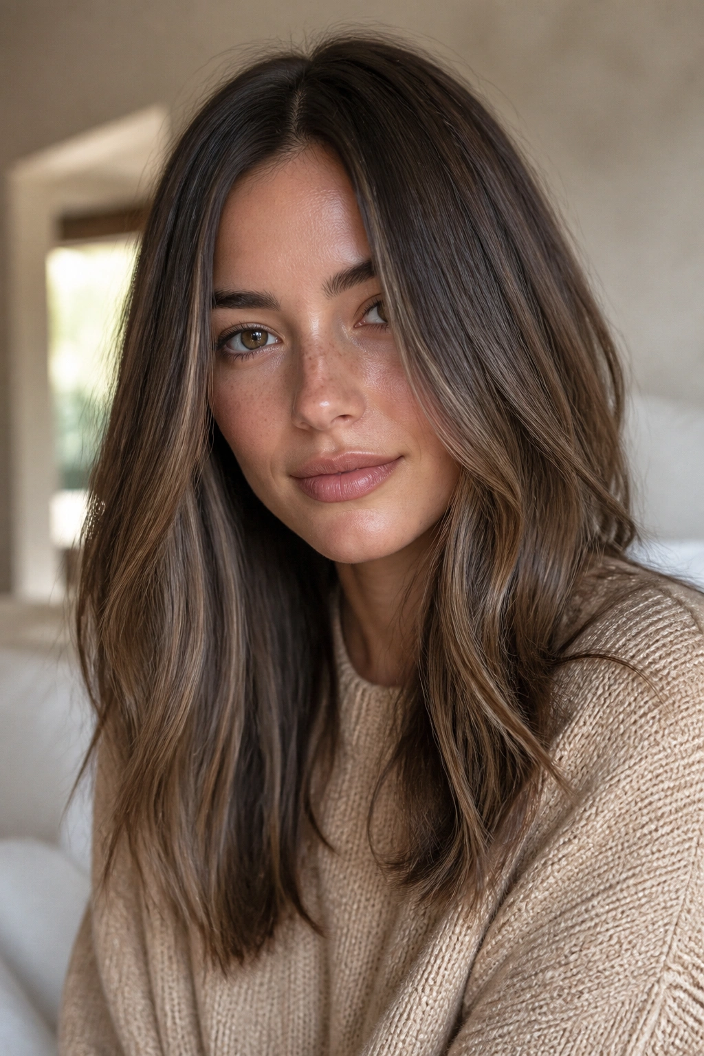 Close-up portrait with sandalwood brown hair and barely-there lighter pieces.