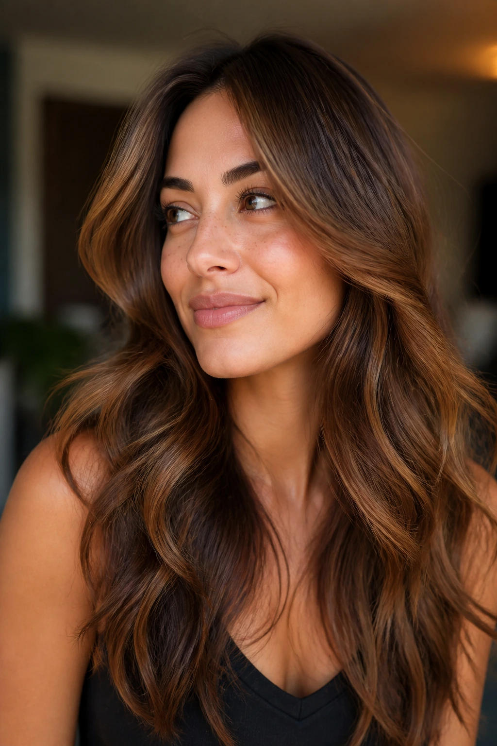 Close-up of a real woman with long layered waves in sandalwood brown.