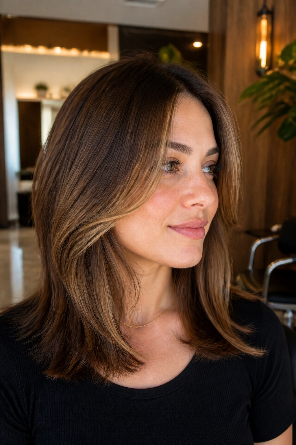 Close-up of shoulder-length hair with sandalwood brown face-framing layers