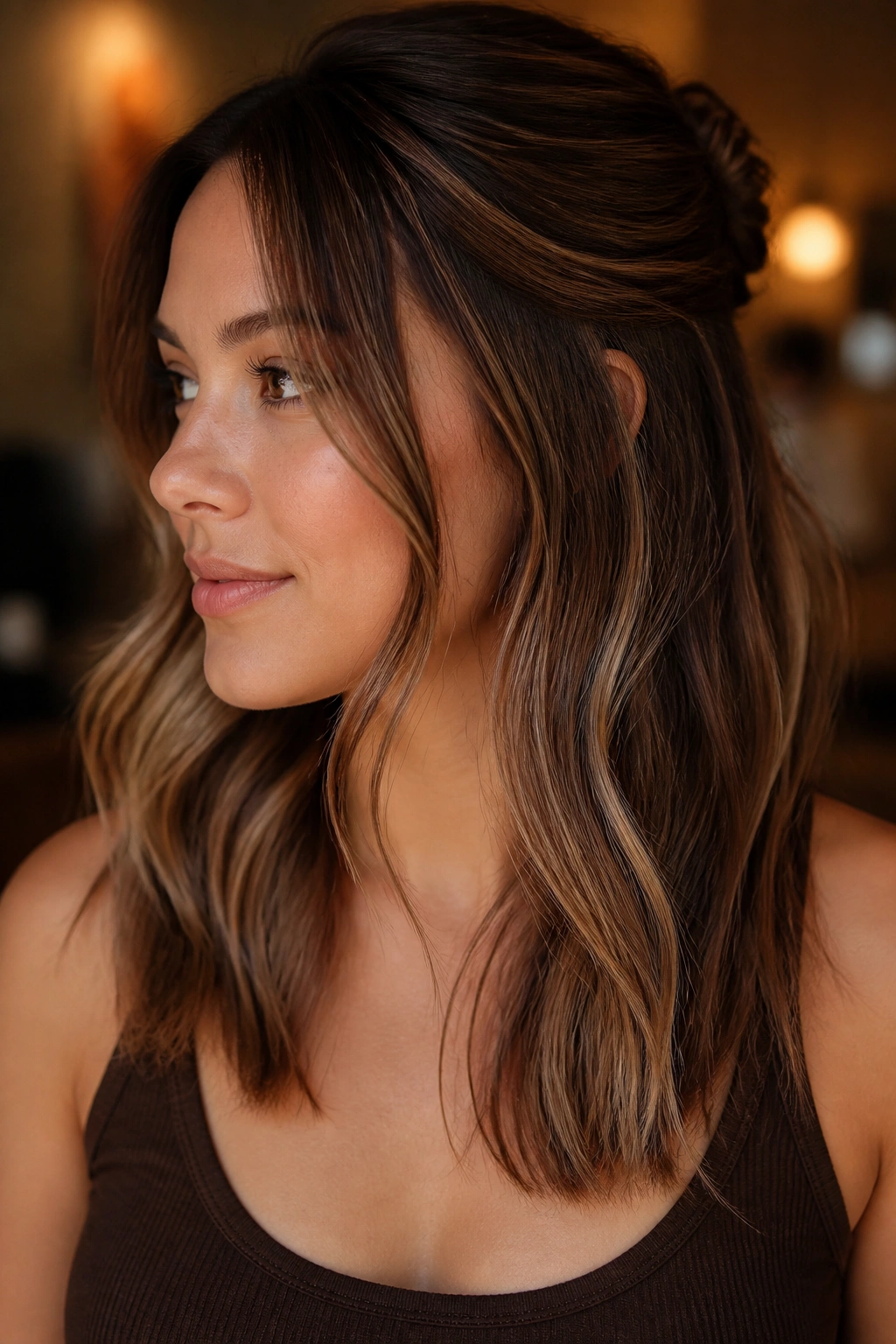 Real woman with sandalwood brown hair and soft underlights