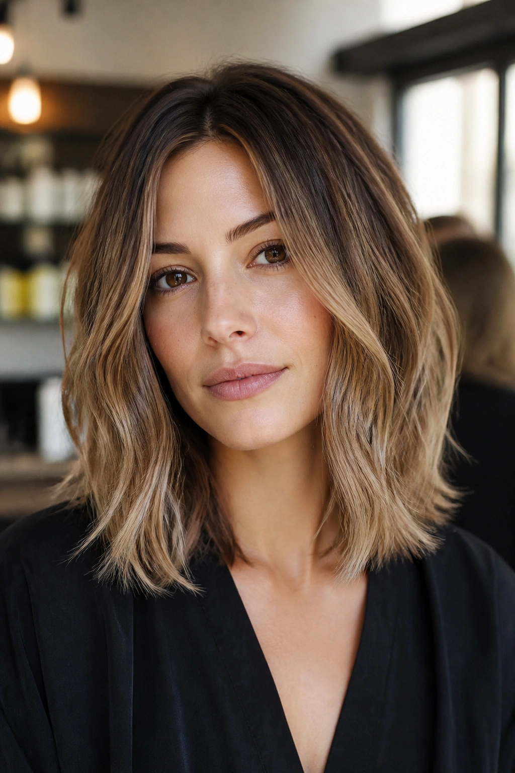 Shoulder-length lob with sanded caramel color and matte finish on real person