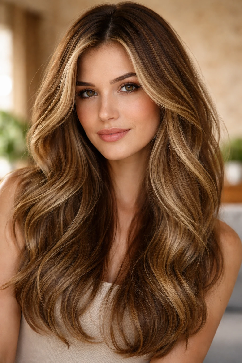 Close-up of a real woman with sandstone blonde highlights in sunlit room