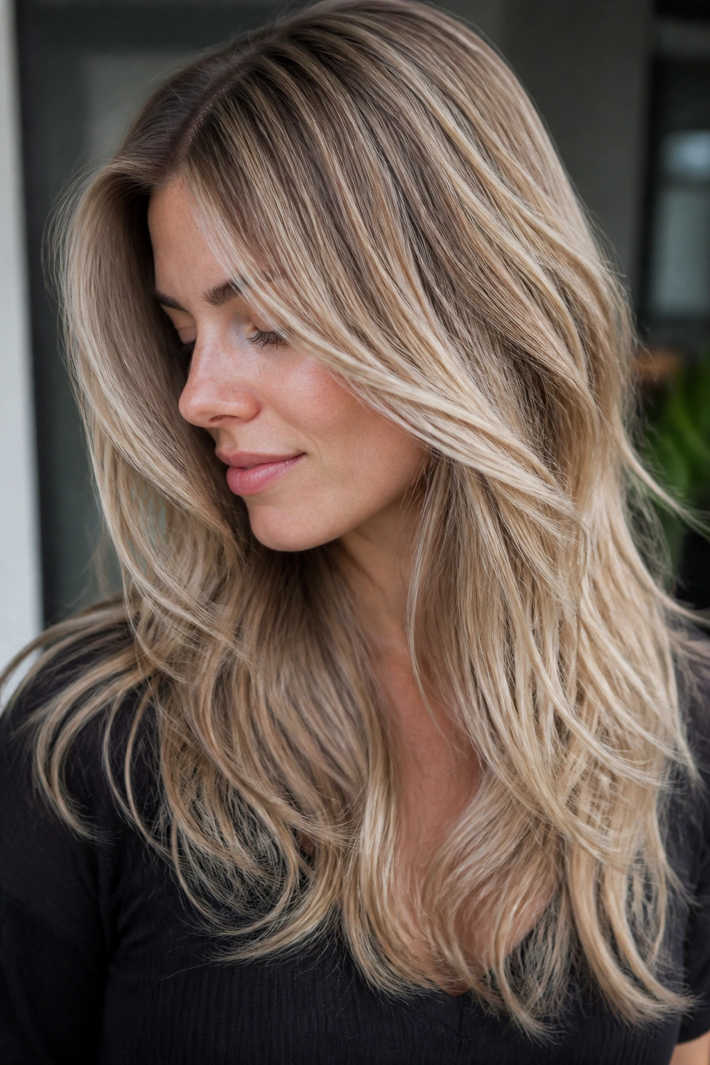 Real woman with sandstorm blonde and cooler lowlights in long hair