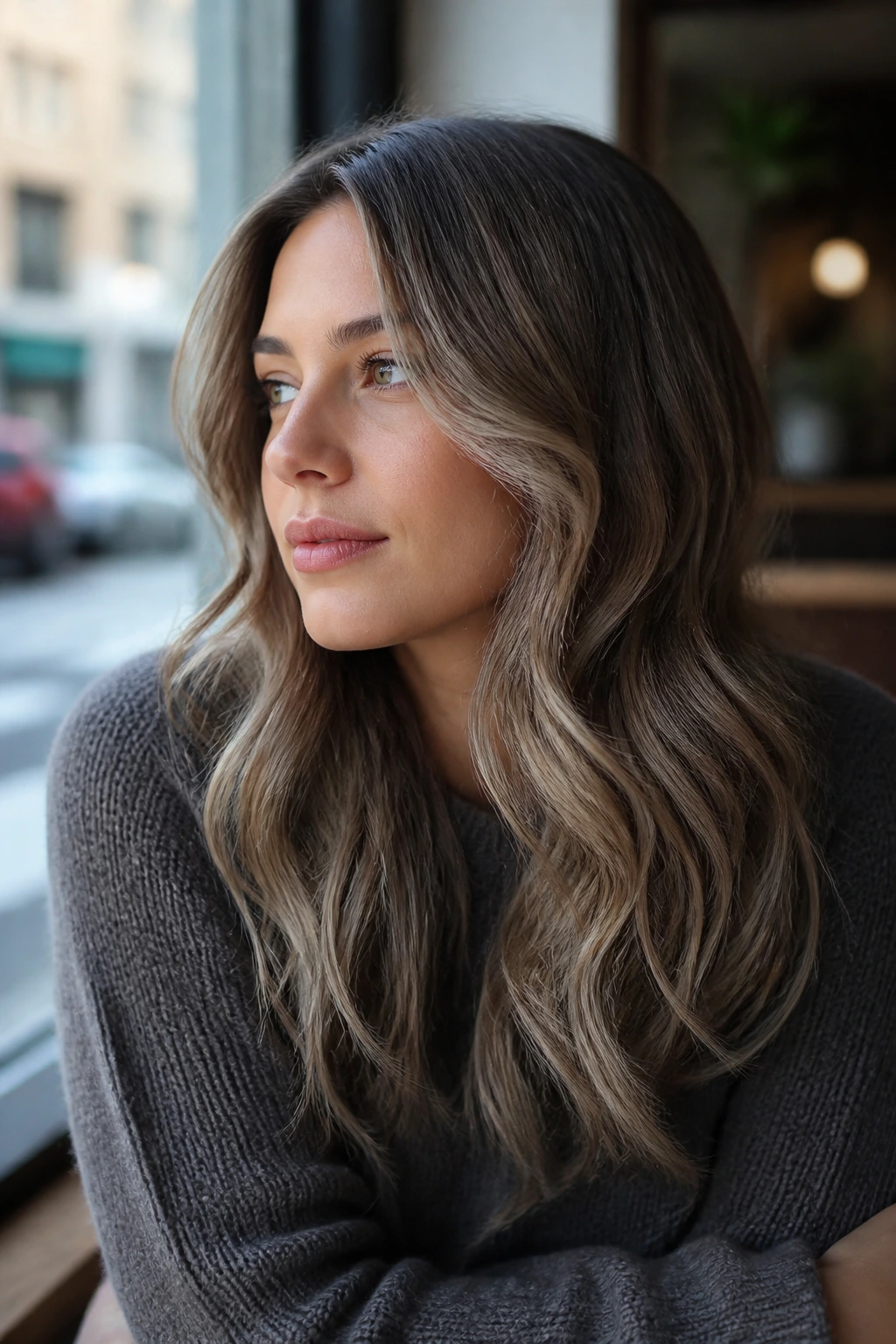 Close-up portrait of a real woman with sandy ash balayage on brunette base.