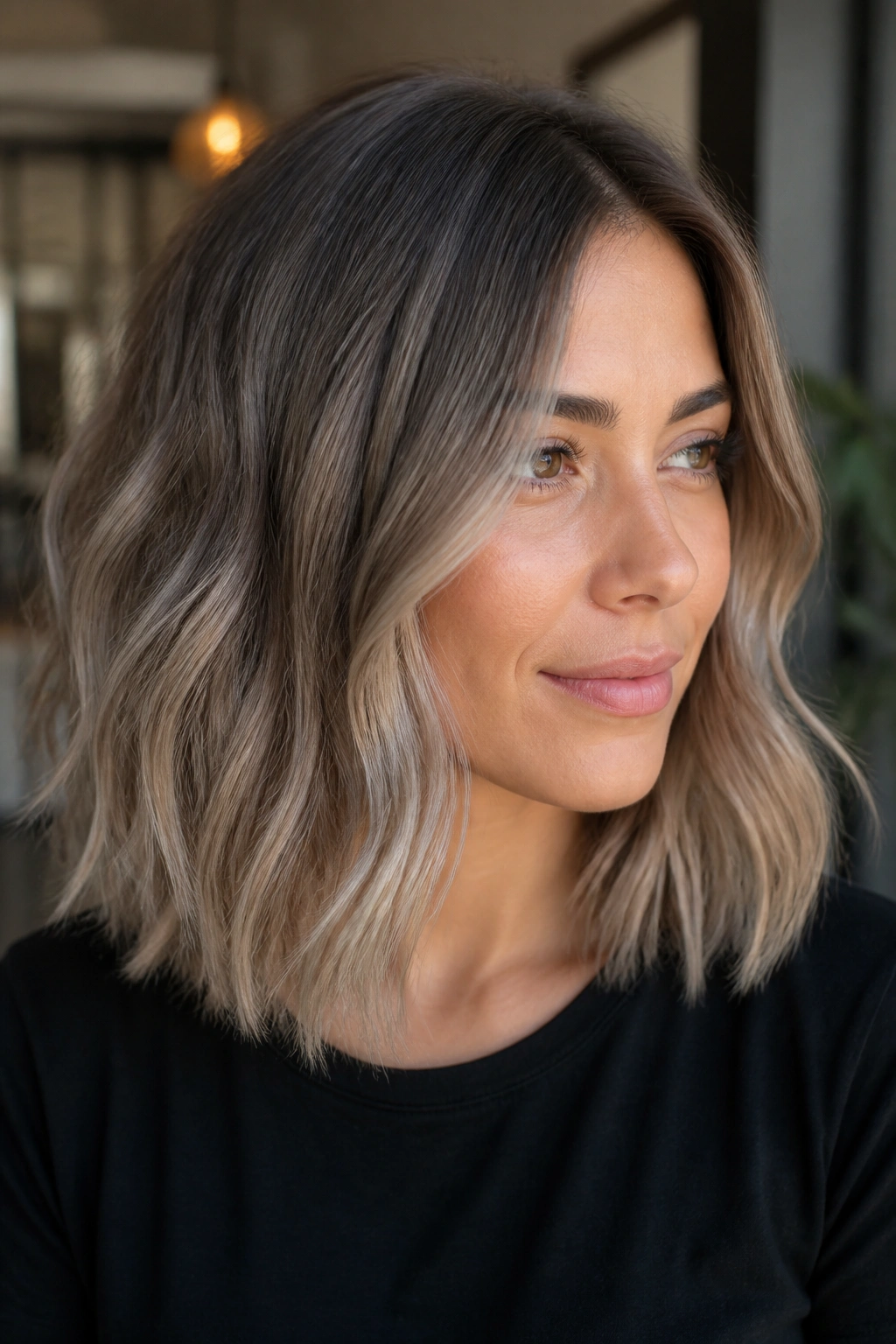 Portrait of a woman with sandy ash balayage on a lob.