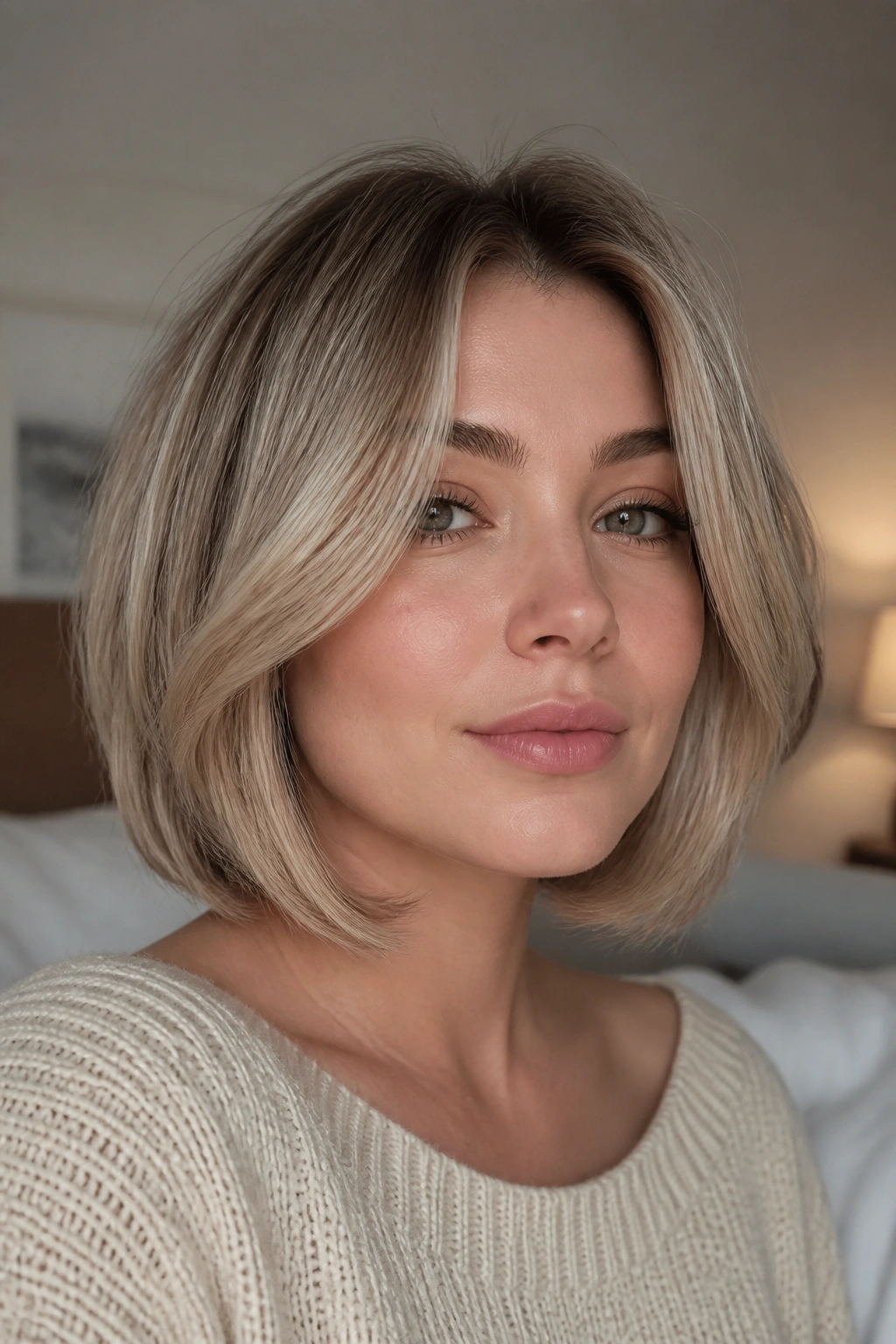 Close-up portrait of woman with cool sandy ash blonde and chin-grazing layers
