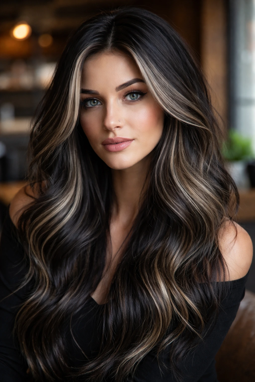 Close-up of a person with sandy ash highlights in black hair.