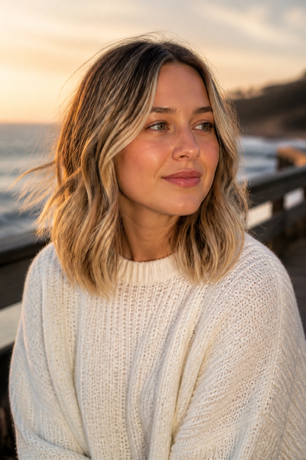 Portrait of a woman with sandy blonde balayage and beachy waves outdoors at sunset.
