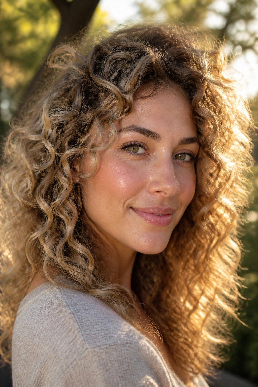 Close-up of sandy balayage on curly hair adding airy dimension