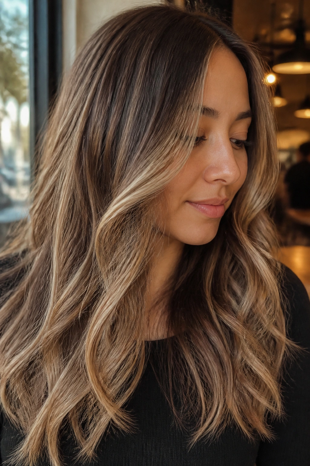 Close-up of a real woman with sandy beige balayage on medium brown hair.