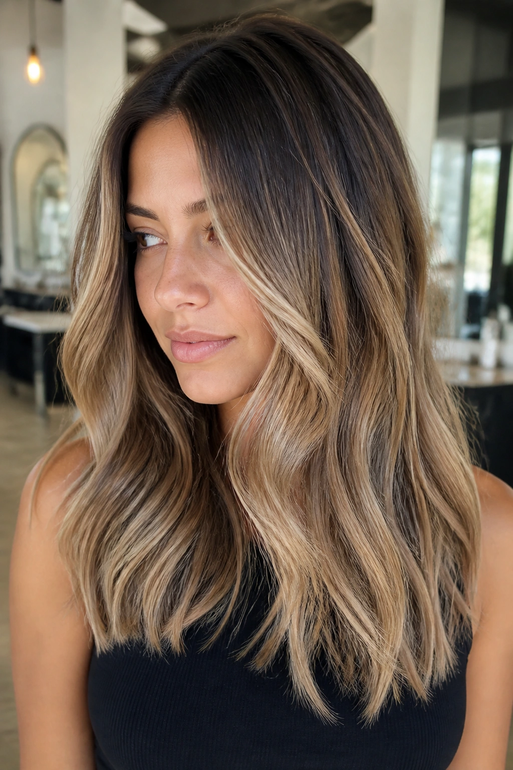 Close-up of a real woman with sandy beige balayage in brunette hair under salon lighting