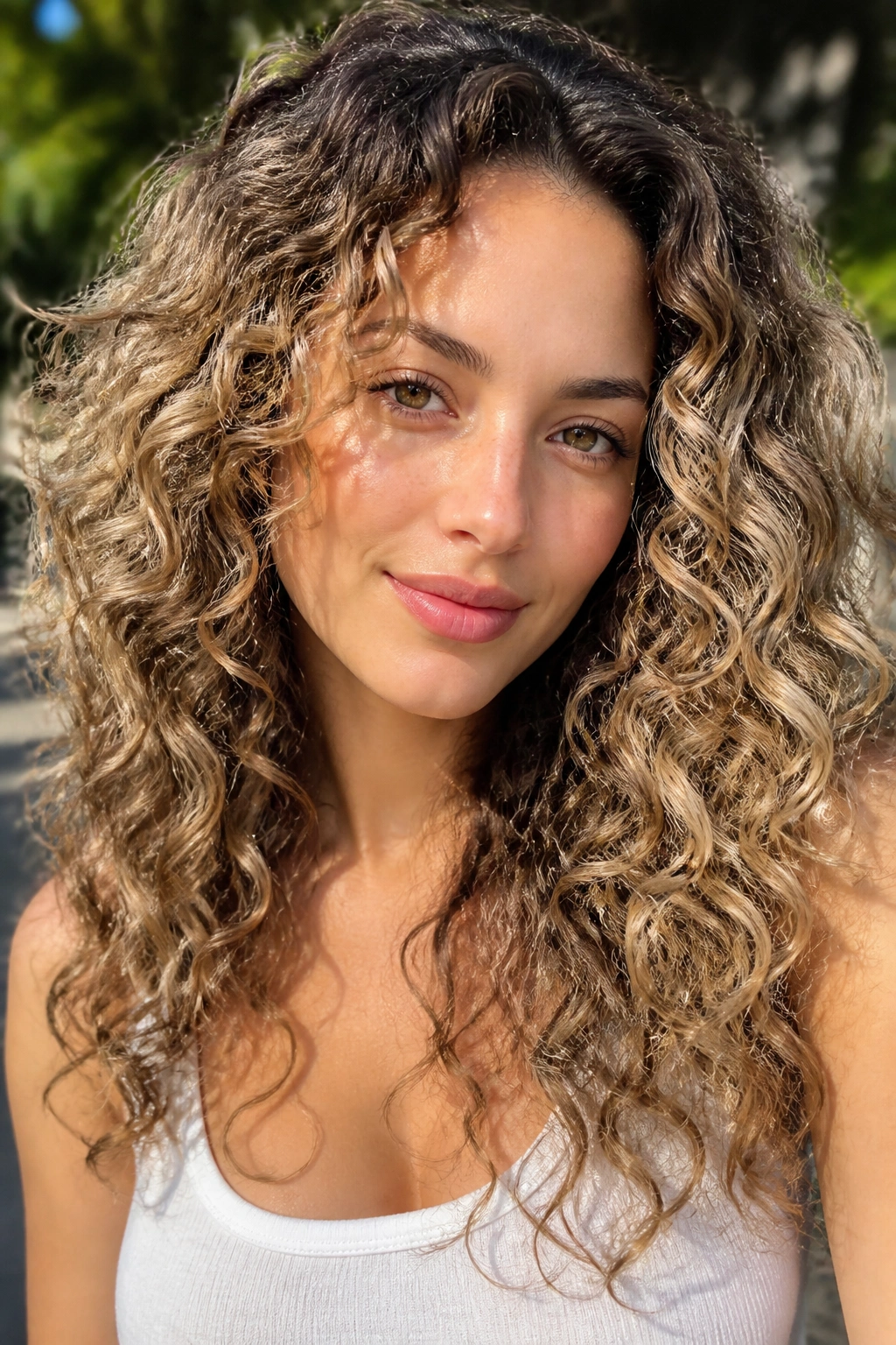 Curly-haired woman with sandy beige balayage placed on outer curls.